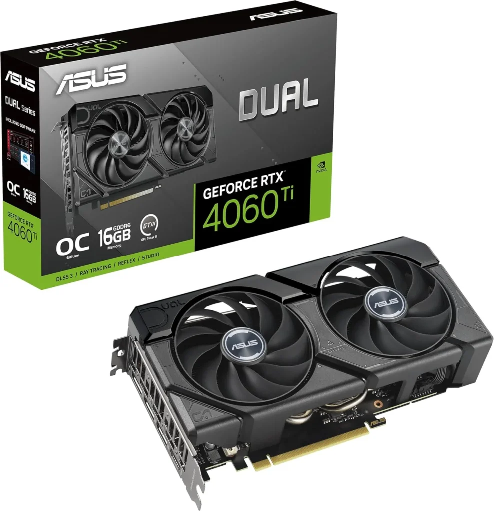 ASUS Dual GeForce RTX 4060 Ti EVO OC 16GB Gaming Graphics Card (PCIe 4.0, 16GB GDDR6, DLSS 3, HDMI 2.1a, DisplayPort 1.4a, 2.5-Slot Design, Axial-tech Fan Design, 0dB Technology, a