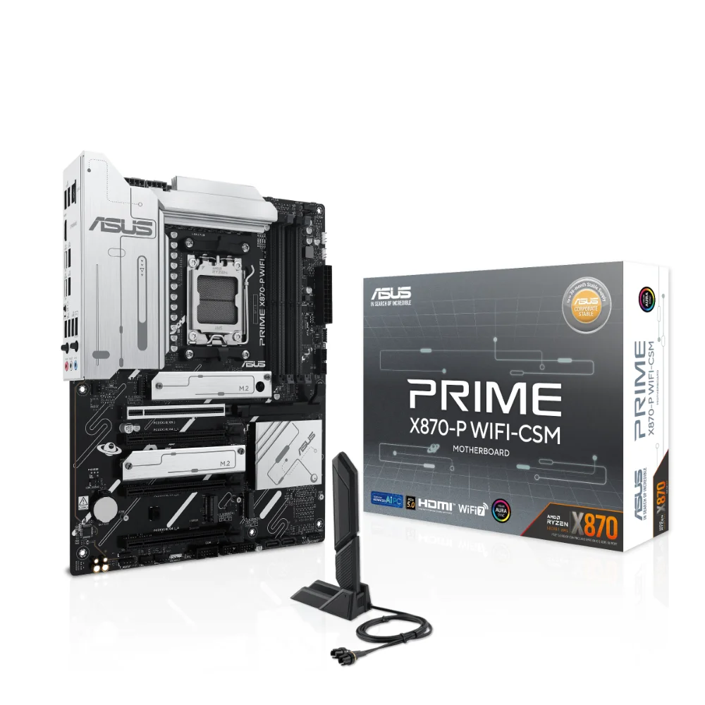 ASUS PRIME X870-P WIFI-CSM ATX DDR5 Motherboard, Ryzen 9000, 8000 & 7000 Series Processors Ready, 3X PCIe 4.0 x16 Slots, Wi-Fi 7, AI Solutions, USB 40Gbps Type-C, PCIe 5.0 Slots, E