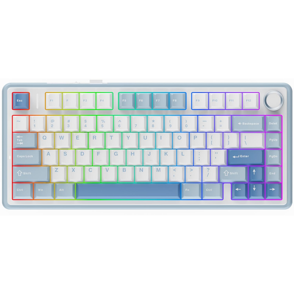 AULA F75 RGB Gasket Wireless Mechanical Keyboard, 75% Hot-Swappable with Five-Layer Padding & Multimedia Knob (Sea Salt Blue, TTC Crescent Switch)