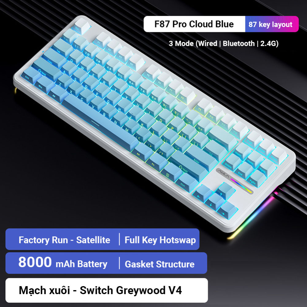 AULA F87 Pro Wireless Mechanical Keyboard, 80% Gasket Hot Swappable Custom Keyboard – Gradient Blue – LEOBOG Greywood V4 Switch