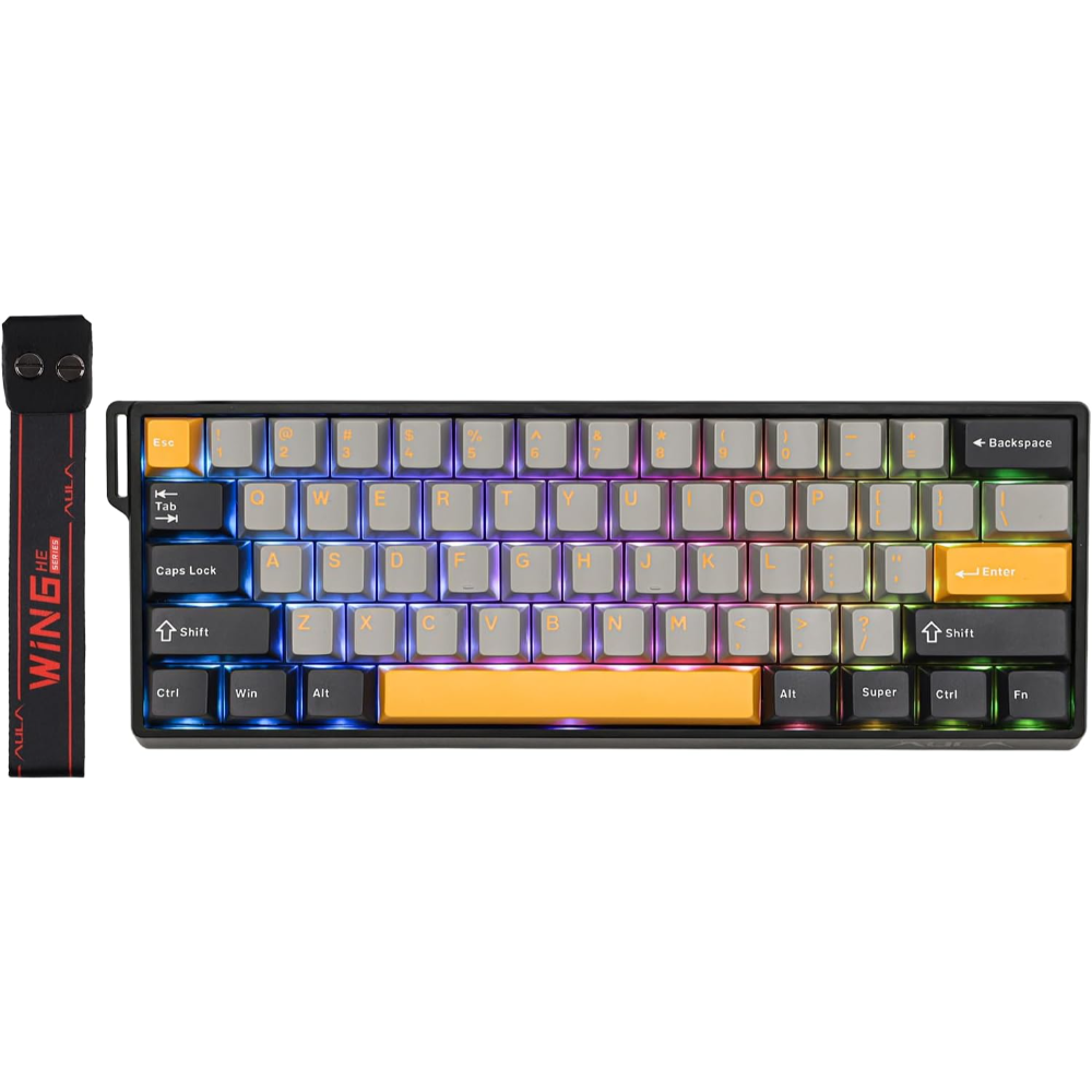 AULA WIN60 HE Max Wired Mechanical Keyboard, 8K Polling Rate, 65% Gasket Hall Effect Hot Swappable Custom Keyboard – Grey & Yellow – Wing Chun Magnetic Switch