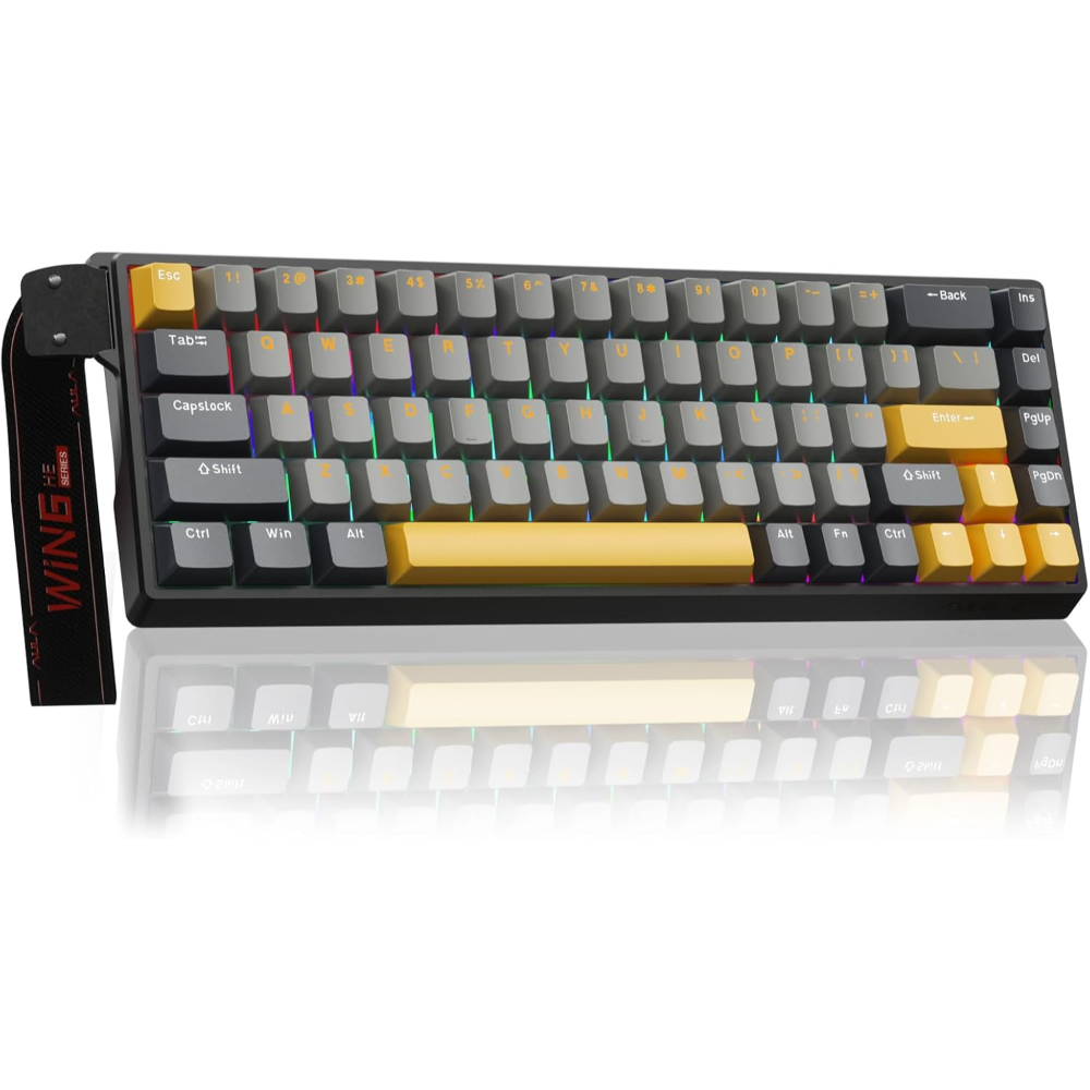 AULA WIN68 HE Max Wired Mechanical Keyboard, 8K Polling Rate, 68% Gasket Hall Effect Hot Swappable Custom Keyboard – Grey & Yellow – Wing Chun Magnetic Switch