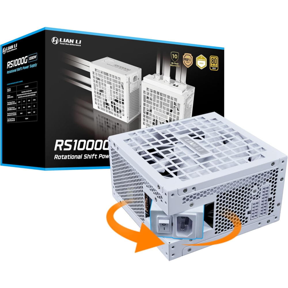 Lian Li RS1200G 1200W ATX 3.1 Power Supply (Rotational Shift 90° AC Inlet), 80 Plus Gold, PCIe 5.1 Ready, Native 12V-2×6 Cable, Fully Modular, w/ USB Fan Hub – White