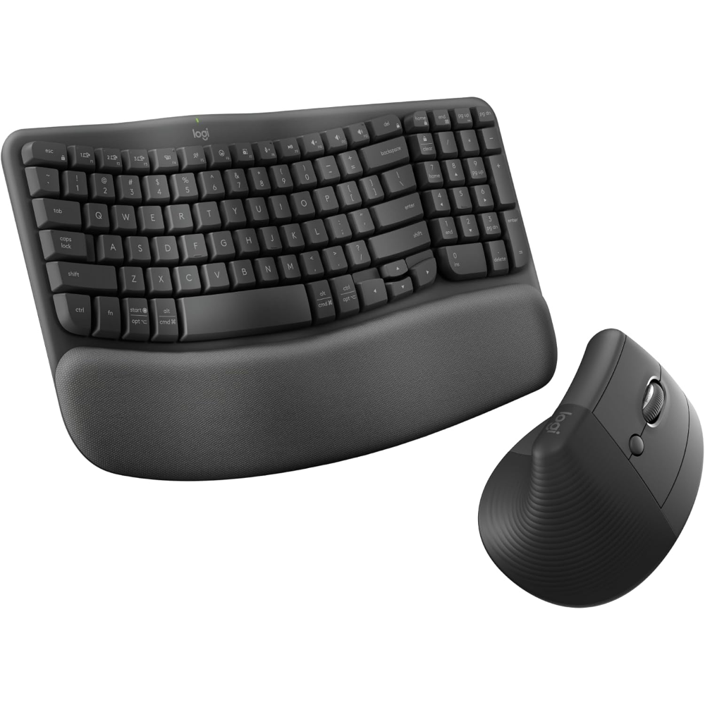 Logitech Wave Keys & Lift Vertical Mouse – Ergonomic Bundle – Wireless Keyboard with Cushioned Palm Rest & Vertical Wireless Mouse – Easy-Switch, Bluetooth, for Multi-OS, Windows/M