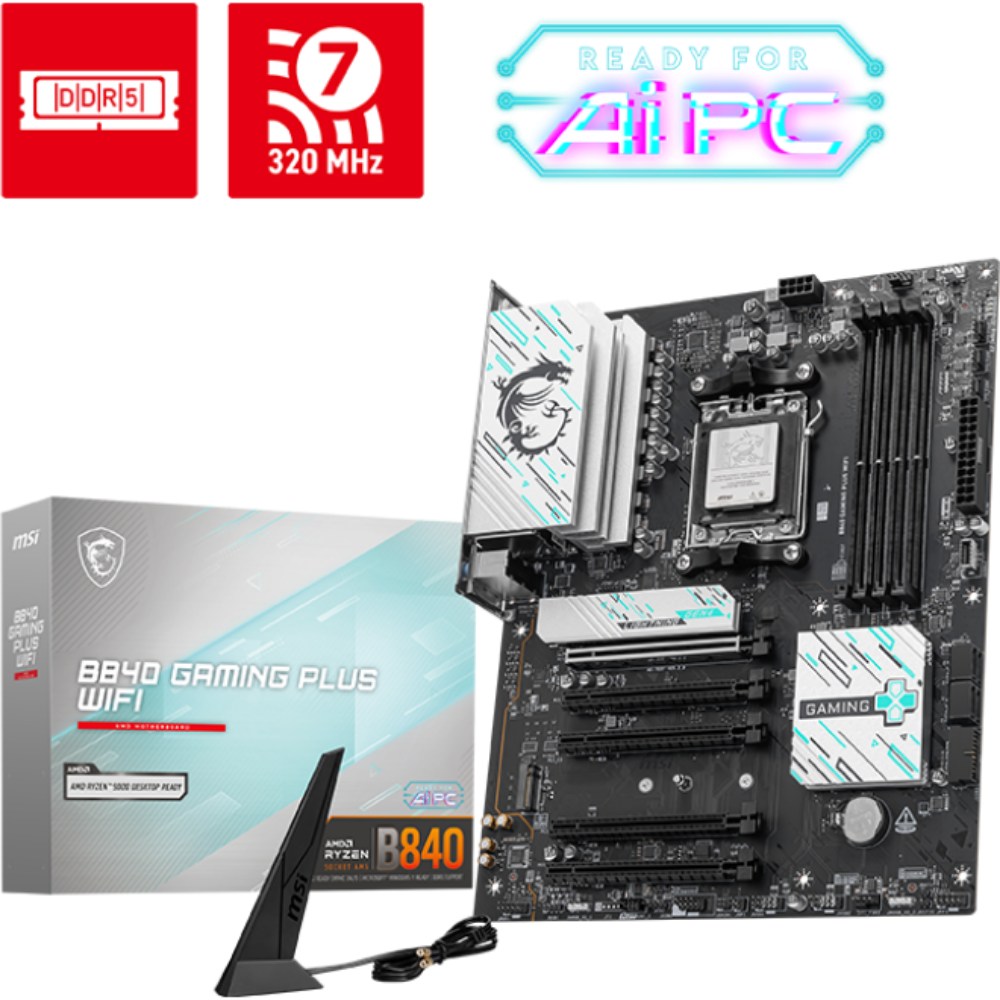 MSI B840 Gaming Plus WiFi Motherboard, ATX – Supports AMD Ryzen 9000/8000/7000 Processors, AM5 – DDR5 Memory Boost 8000+ MT/s (OC), PCIe 4.0 x16, M.2 Gen4, Wi-Fi 7, 2.5G LAN