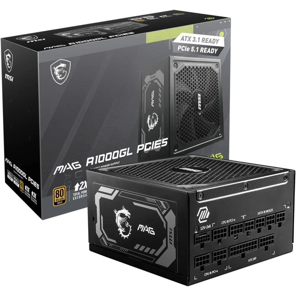 MSI MAG A1000GL PCIE 5 Gaming Power Supply – ATX 3.1 & PCIE 5.1 Ready – Full Modular – 80 Plus Gold Certified 1000W – Compact Size – ATX
