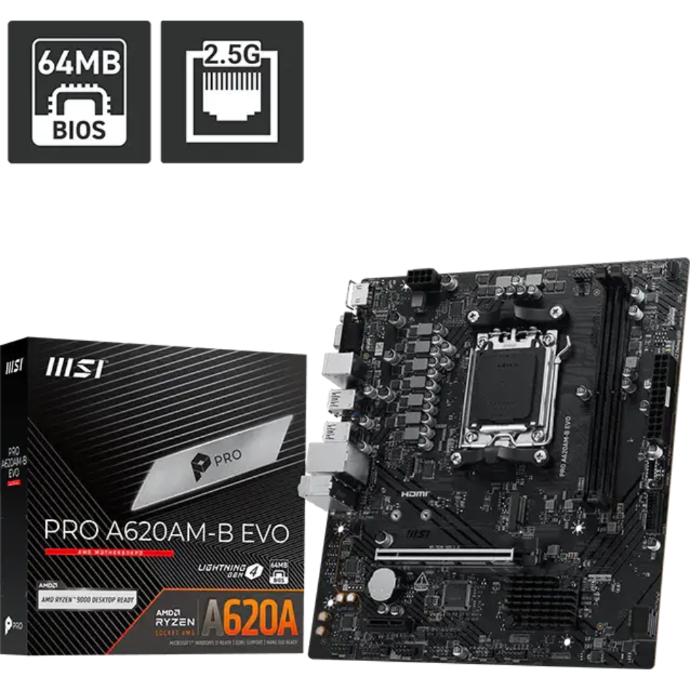 MSI PRO A620AM-B EVO AM5 DDR5 Motherboard, Micro-ATX – Supports AMD Ryzen 9000/8000/7000 Processors, Memory Boost (6800+ MT/s OC), 1 x PCIe 4.0 x16, 1 x M.2 Gen4