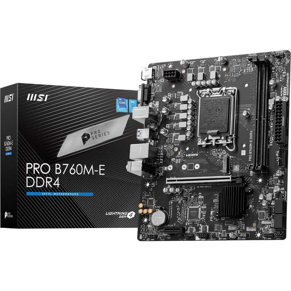 MSI PRO B760M-E DDR4 Motherboard, Micro-ATX – Supports Intel 14th, 13th & 12th Gen Core Processors, LGA 1700 – DDR4 Memory Boost 4800+MHz/OC, PCIe 4.0 x16 Slot, M.2 Gen4 Slot