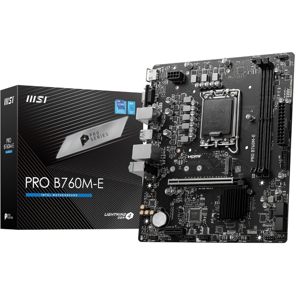 MSI PRO B760M-E DDR5 Motherboard, Micro-ATX – Supports Intel 14th, 13th & 12th Core Processors, LGA 1700 – DDR5 Memory Boost 5600MHz, PCIe 4.0 x16 Slot, M.2 Gen4 Slot