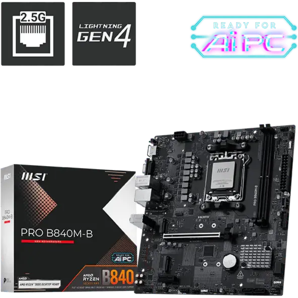MSI PRO B840M-B AM5 DDR5 Motherboard, mATX – Supports AMD Ryzen 9000/8000/7000 Processors, Memory Boost (8000+ MT/s OC), PCIe 4.0 x16, M.2 Gen4, 2.5G LAN