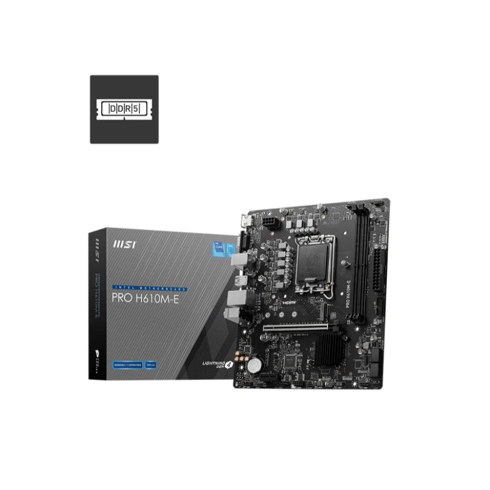 MSI PRO H610M-E DDR5 Motherboard, Micro-ATX – Supports Intel 12th Gen Core Processors, LGA 1700-2 x DIMMs (3200MHz), 1x PCIe 4.0 x16 Slot, 1 x M.2 Gen3, USB 3.2 Gen1, 1G LAN, HDMI