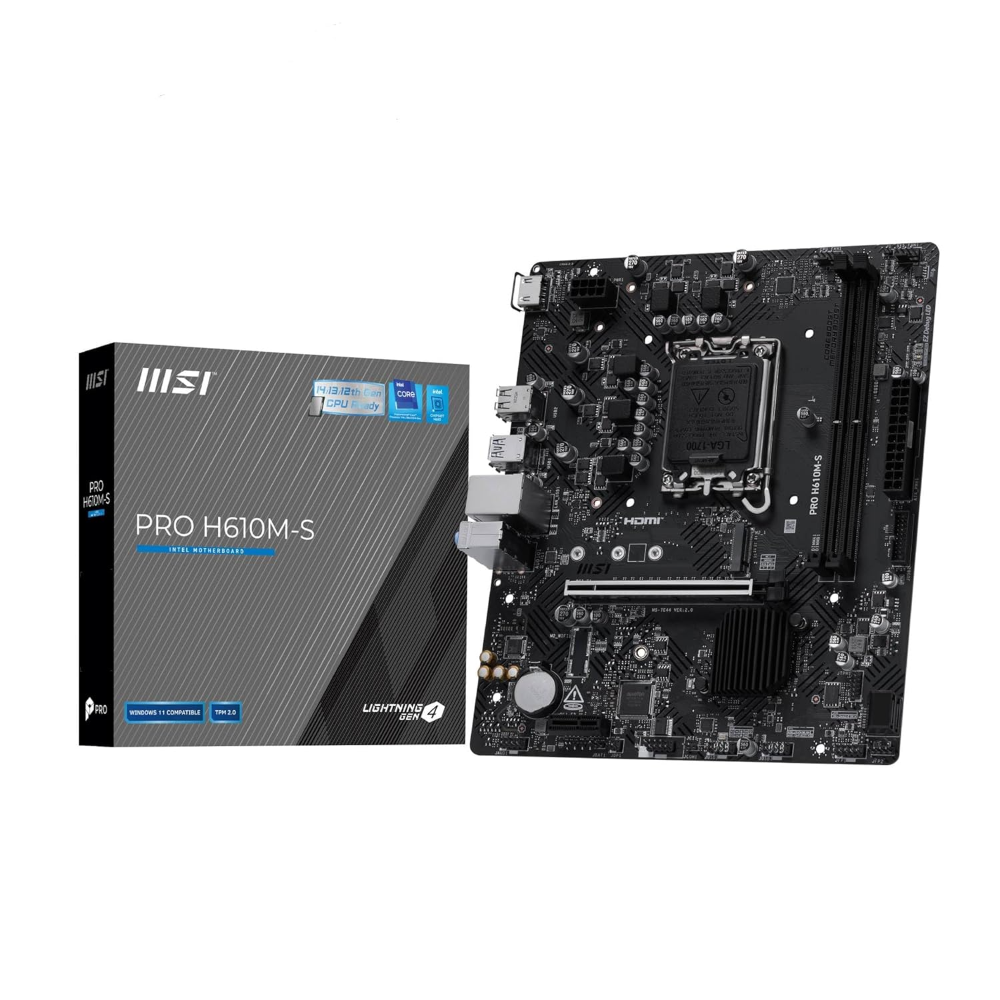 MSI PRO H610M-S DDR5 Motherboard, Micro-ATX – Supports Intel Core 14th, 13th and 12th Gen Processors, LGA 1700 – Memory Boost up to 5600MT/s (MAX), PCIe 4.0 x16 Slot, M.2 Gen3 Slot