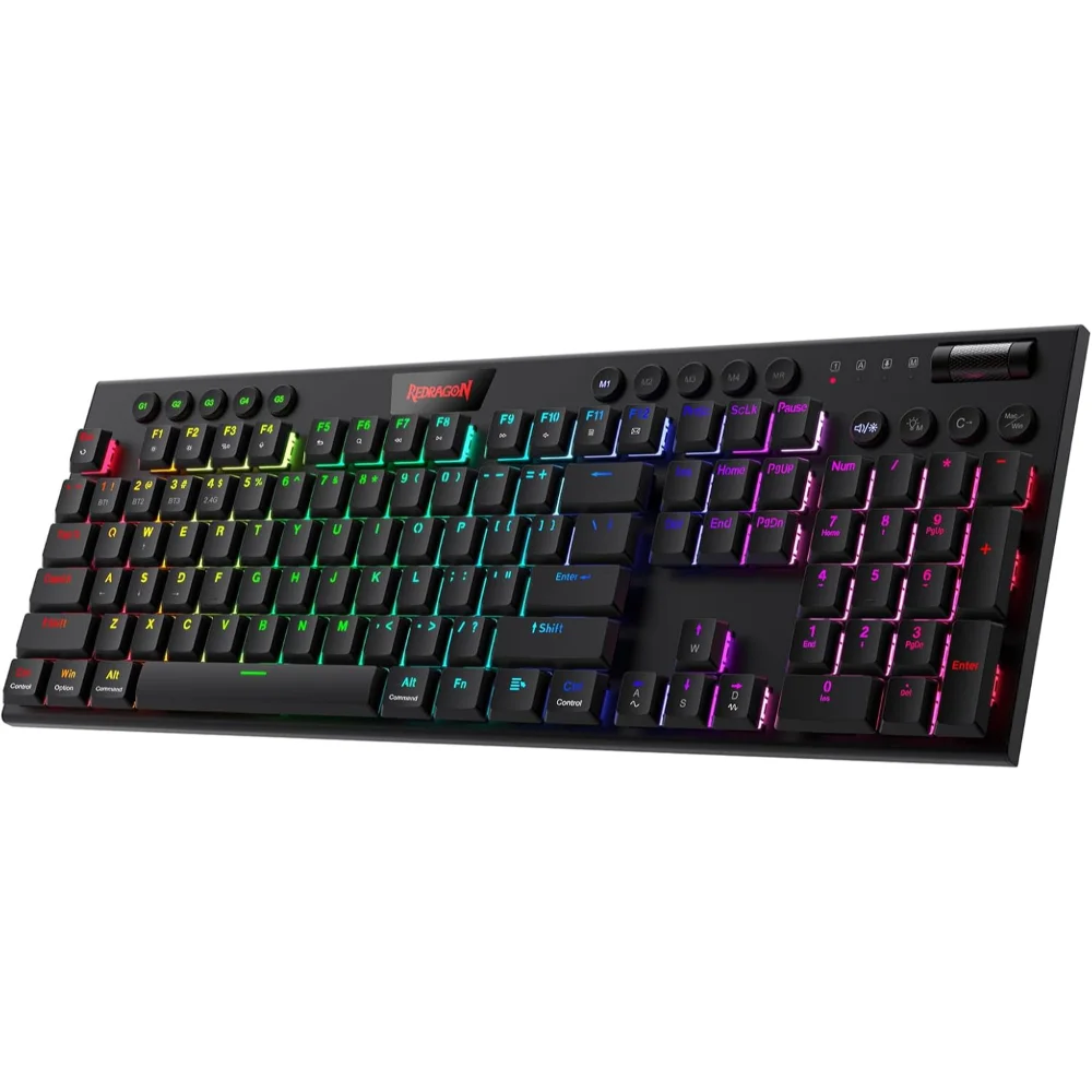 Redragon K618 PRO 3-Mode Wireless RGB Mechanical Keyboard, BT/2.4Ghz/Wired Low Profile Win/Mac Gaming Keyboard w/Ultra-Thin Design, Dedicated Media Control & Linear Red Switch