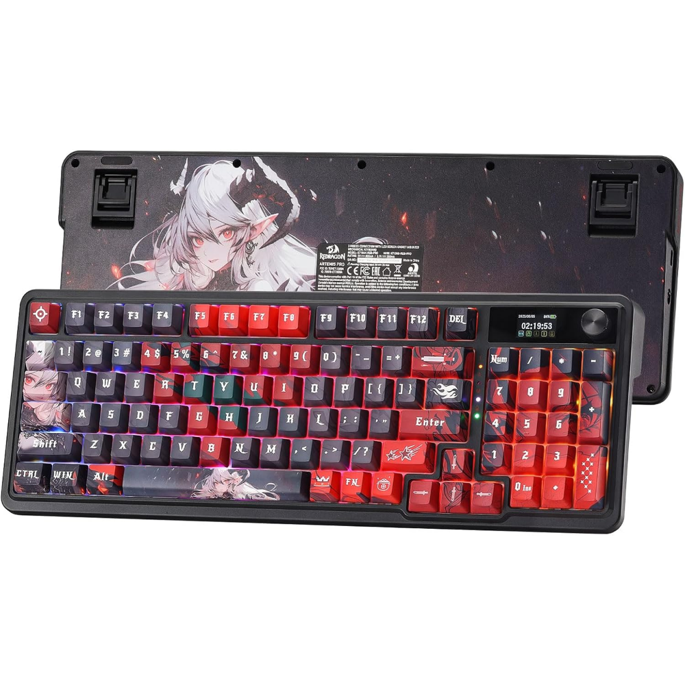 Redragon K719 PRO Wireless Gasket Gaming Keyboard, Hype Screen & Knob, 95 Keys, Easy-Control 1.14’’ TFT Info Display, 5-Layer Noise Dampening, Custom Linear Switch – Ember Queen