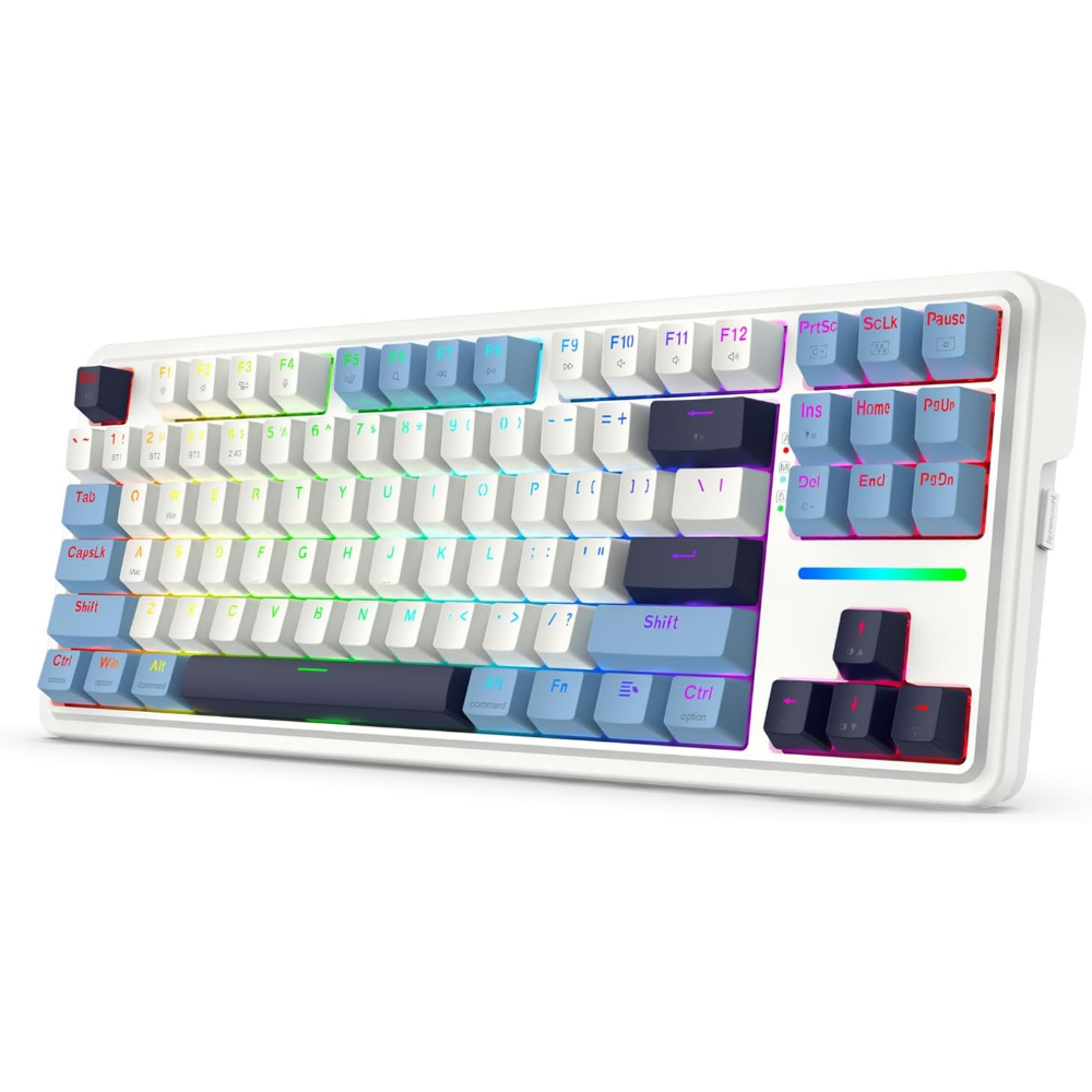 Redragon K728 PRO Wireless Gasket RGB Gaming Keyboard, 80%, 3-Mode, 87 Keys, TKL, Hot-Swap Socket, Mixed Color Keycaps, 5-Layer Noise Dampening, Custom Linear Switch – Polar Blue